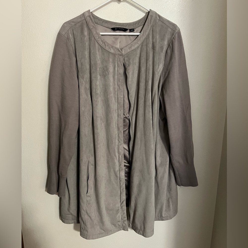 H BY HALSTON Faux Suede Ribbed Knit Sleeves Full Zip Mid‎ Length Jacket Wms 24W